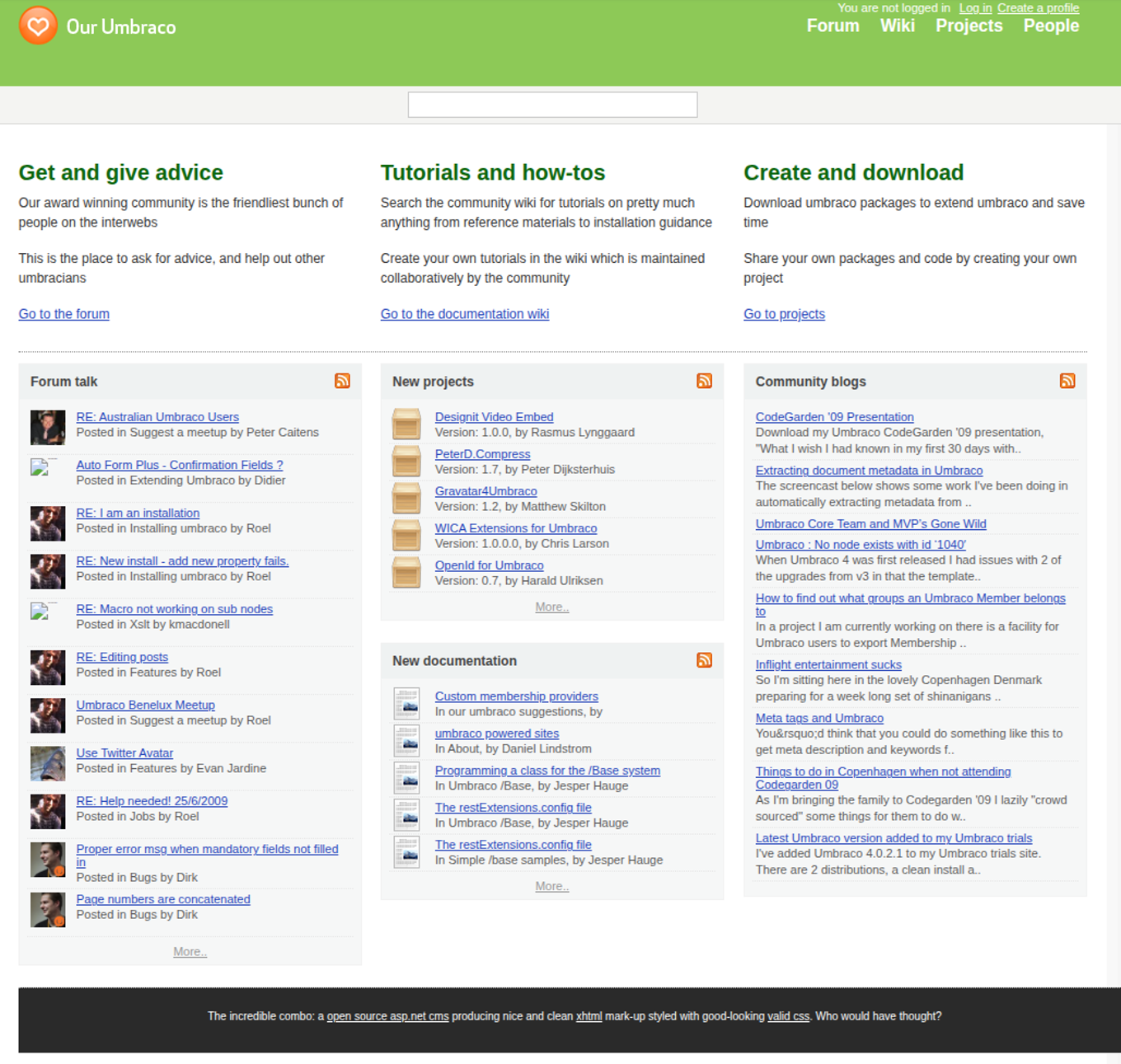 Screenshot of the first iteration of Our Umbraco with sections for the forum, packages, documentation, blogs and twitter activity