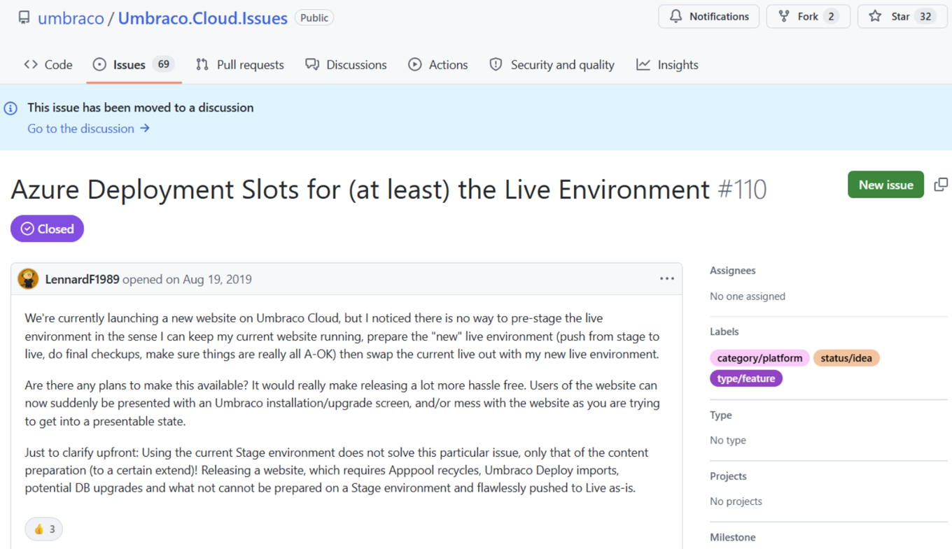 GitHub issue #110, “Azure Deployment Slots for the Live Environment,” shows an Umbraco Cloud discussion about staging releases, with a concerned tone.