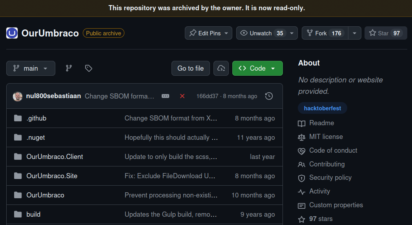 The Our Umbraco repository, showing as being archived